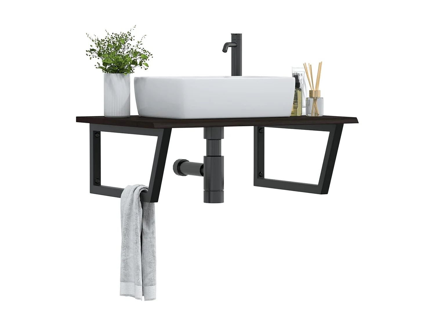 Estante de lavabo de pared de acero y madera maciza de roble ES383535