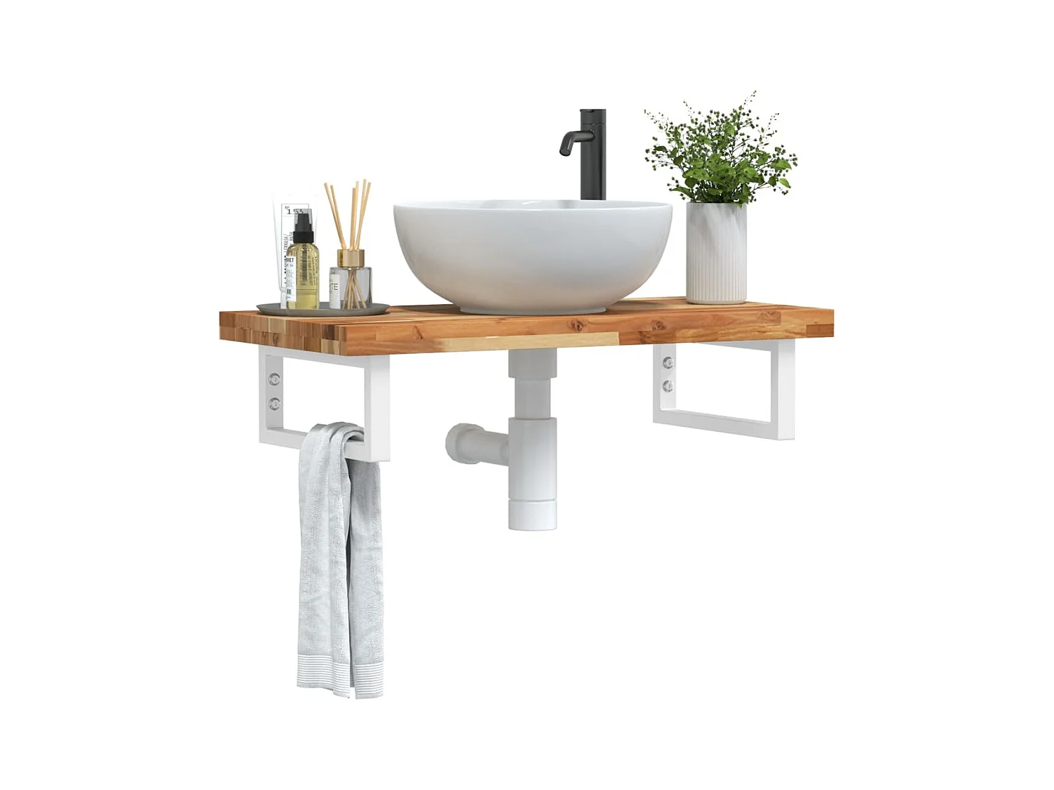 Meuble sous vasque murale acier et bois massif d'acacia FR235349