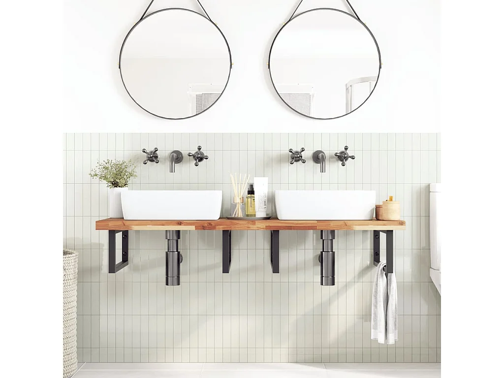 Estante de lavabo de pared acero y madera maciza de acacia ES983773