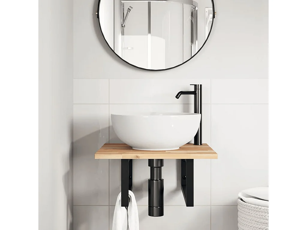 Meuble sous vasque murale acier et bois massif d'acacia FR540362