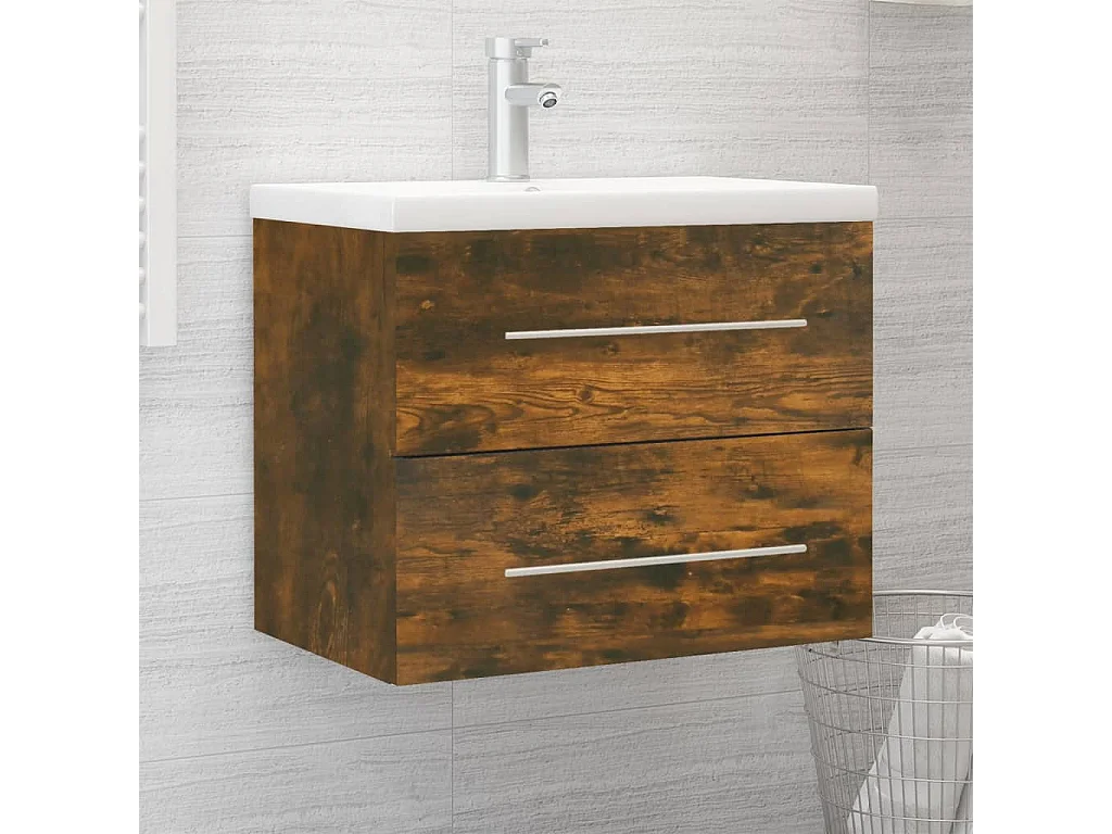 Meuble lavabo + Vasque intégré Chêne fumé Bois d'ingénierie FR967448