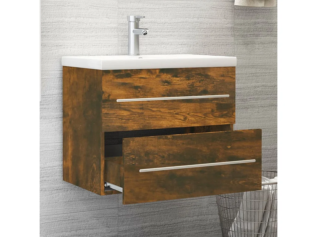 Meuble lavabo + Vasque intégré Chêne fumé Bois d'ingénierie FR967448