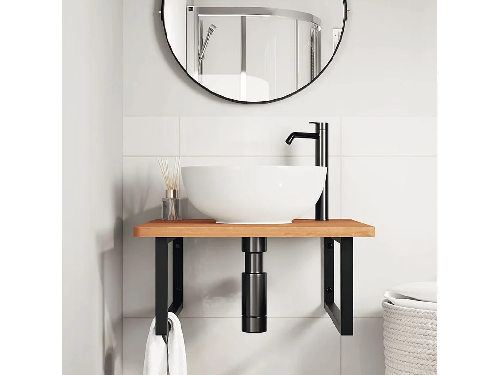 Meuble sous vasque murale acier et bois massif de hêtre FR315916