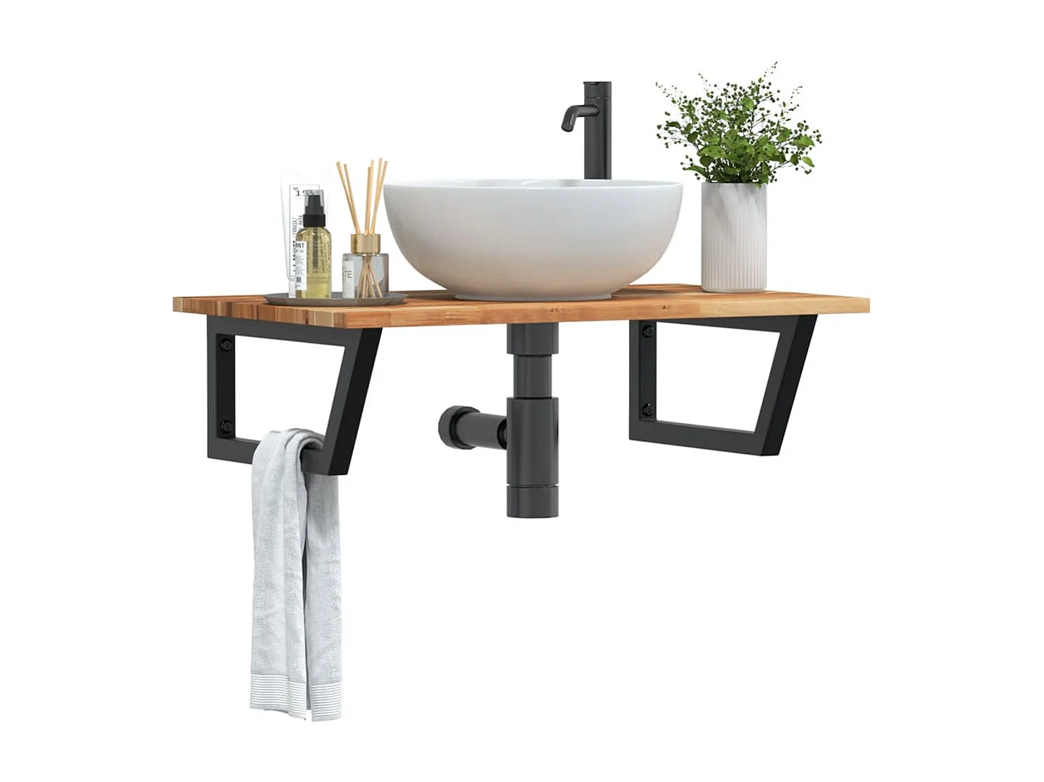 Meuble sous vasque murale acier et bois massif d'acacia FR375854