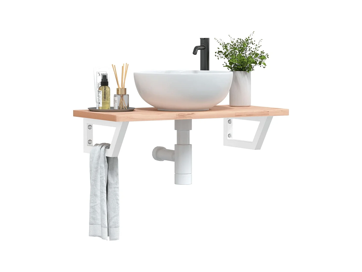 Estante de lavabo de pared de acero y madera maciza de haya ES680745