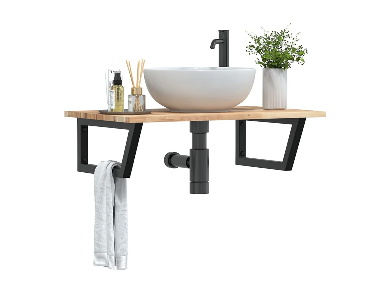 Meuble sous vasque murale acier et bois massif d'acacia FR841065