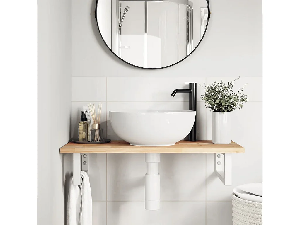 Meuble sous vasque murale acier et bois massif d'acacia FR386385