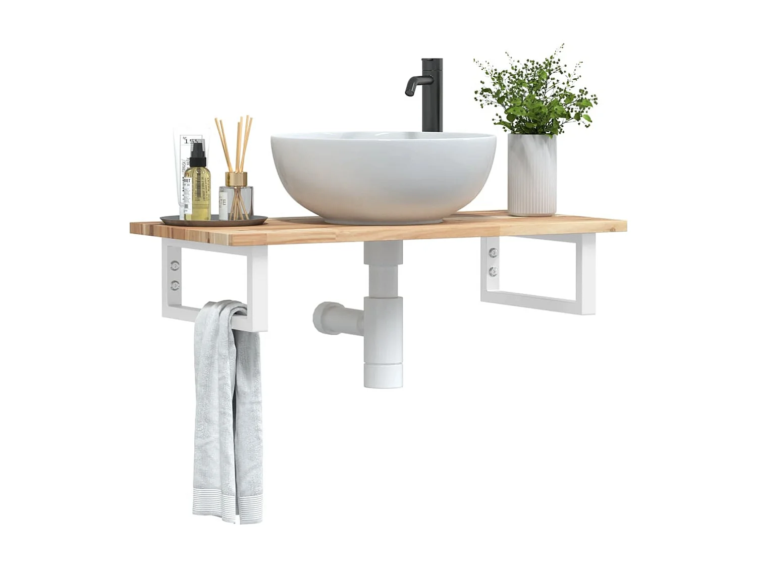 Meuble sous vasque murale acier et bois massif d'acacia FR386385