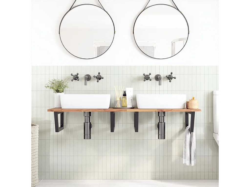 Meuble sous vasque murale acier et bois massif d'acacia FR567830