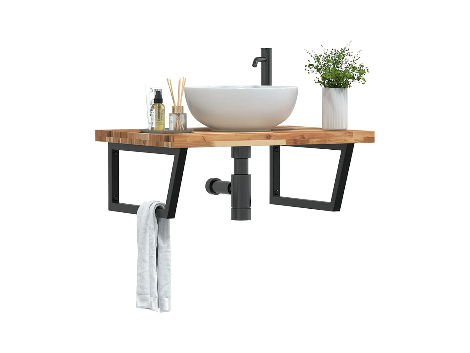 Meuble sous vasque murale acier et bois massif d'acacia FR548574