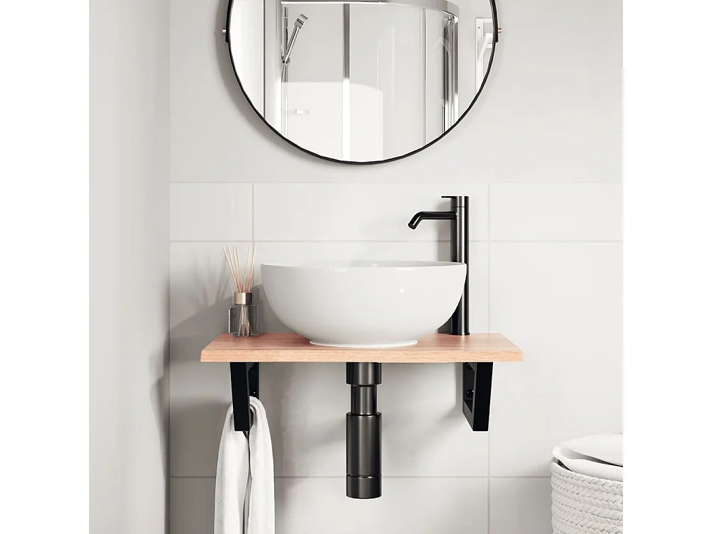 Estante de lavabo de pared de acero y madera maciza de roble ES944587