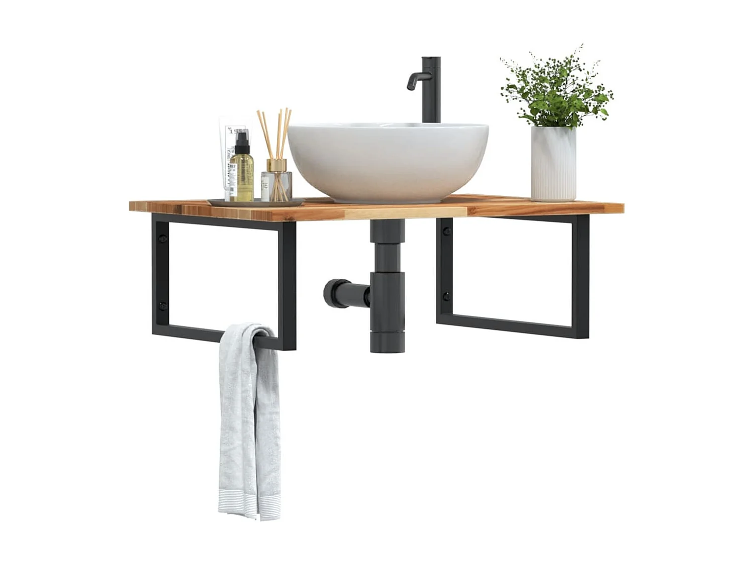 Meuble sous vasque murale acier et bois massif d'acacia FR946592