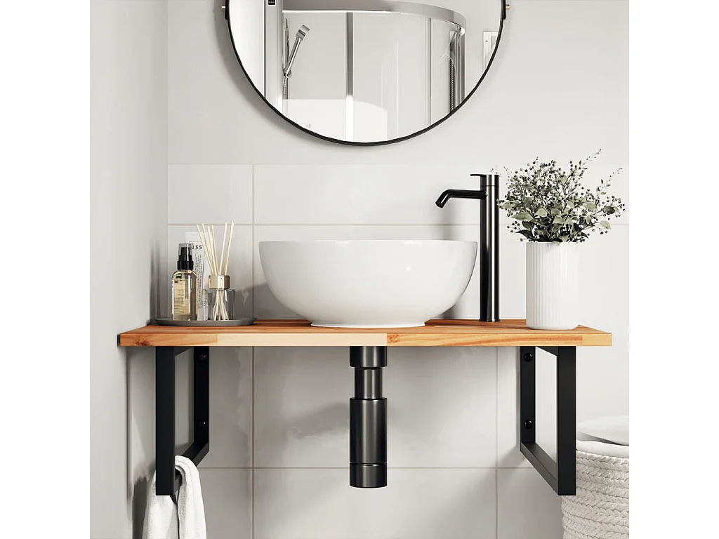 Meuble sous vasque murale acier et bois massif d'acacia FR946592