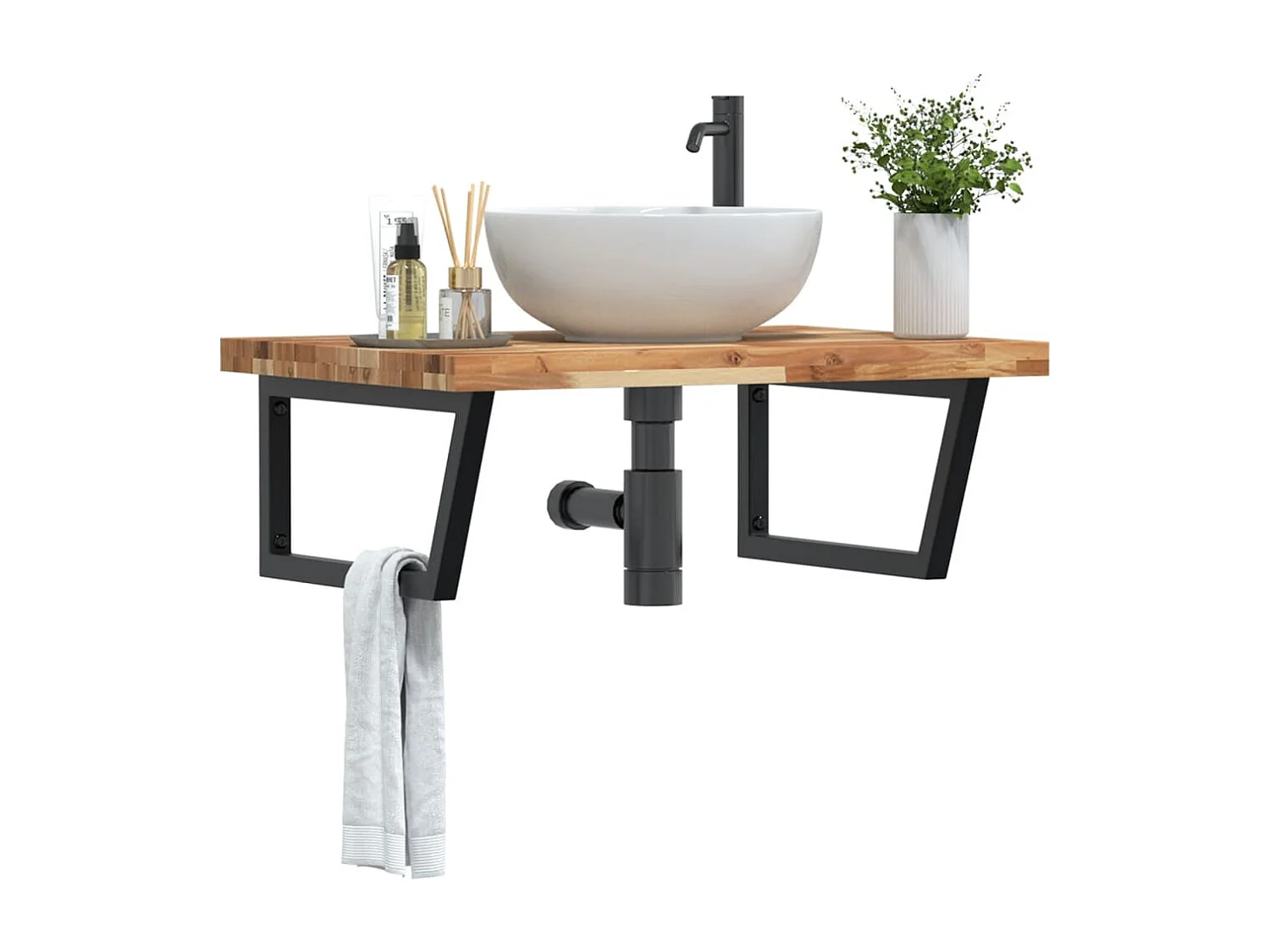 Meuble sous vasque murale acier et bois massif d'acacia FR215878