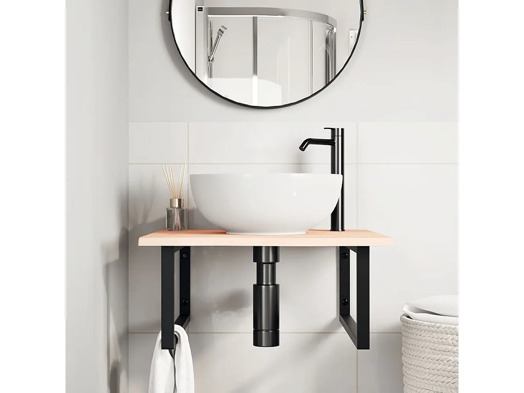 Meuble sous vasque murale acier et bois de chêne massif FR699663