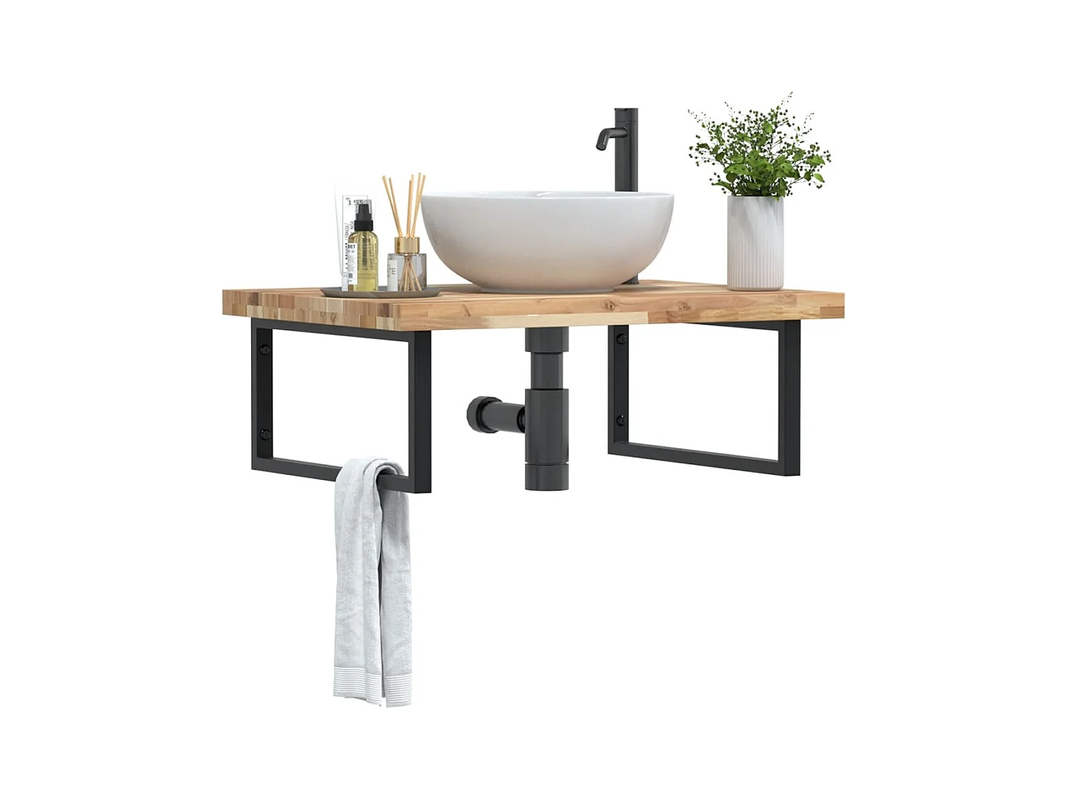 Meuble sous vasque murale acier et bois massif d'acacia FR815896