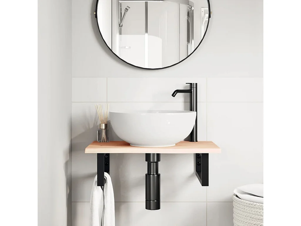 Meuble sous vasque murale acier et bois de chêne massif FR621425