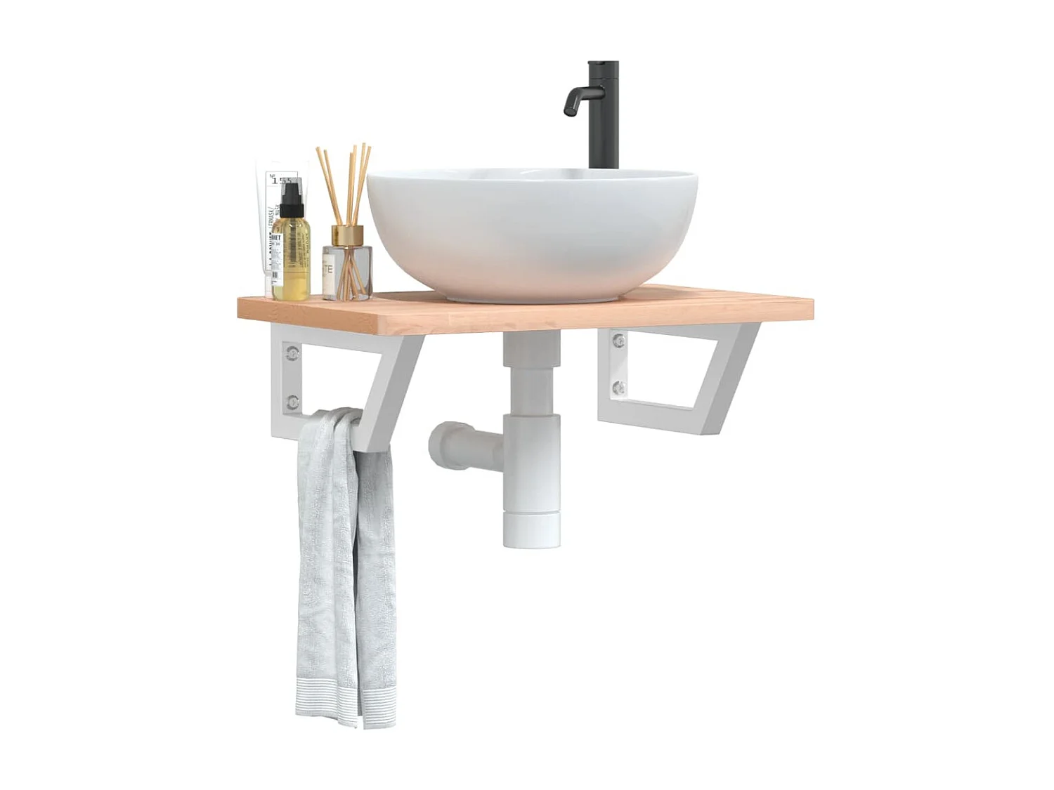 Estante de lavabo de pared de acero y madera maciza de haya ES253290