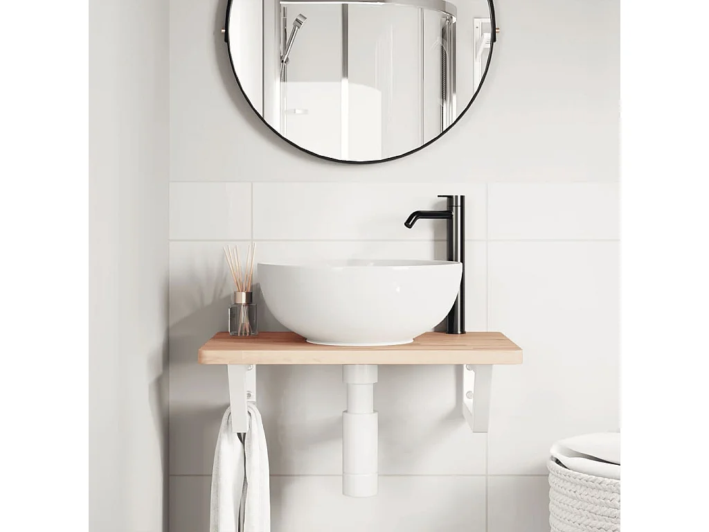 Estante de lavabo de pared de acero y madera maciza de haya ES253290