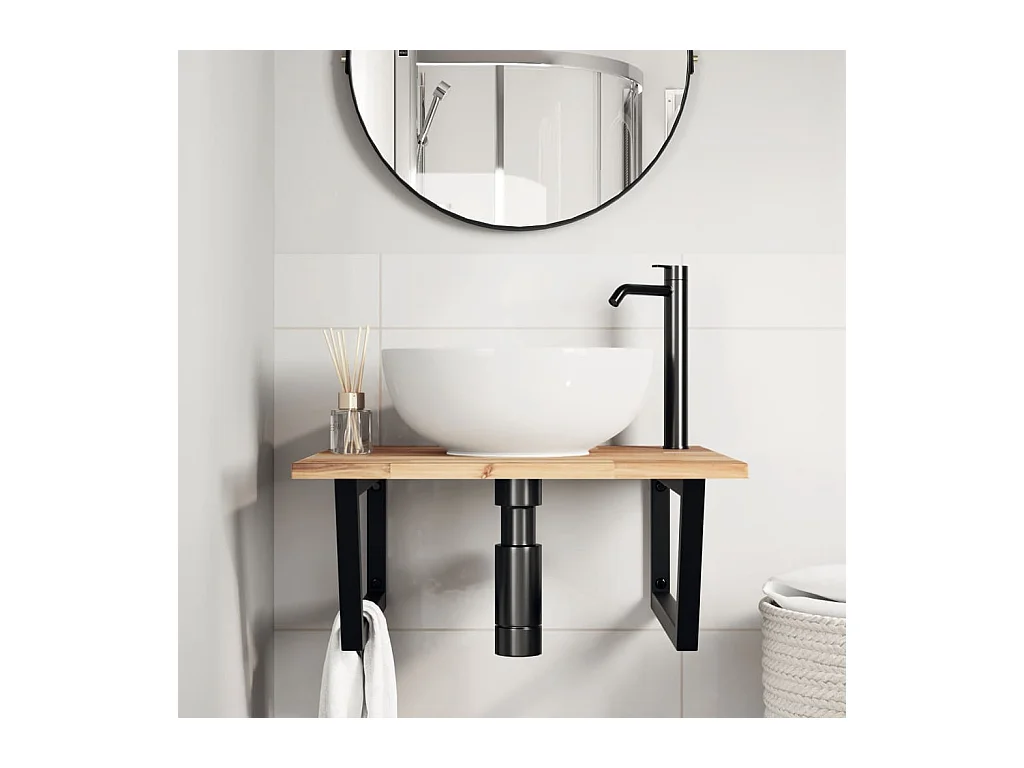 Meuble sous vasque murale acier et bois massif d'acacia FR880675
