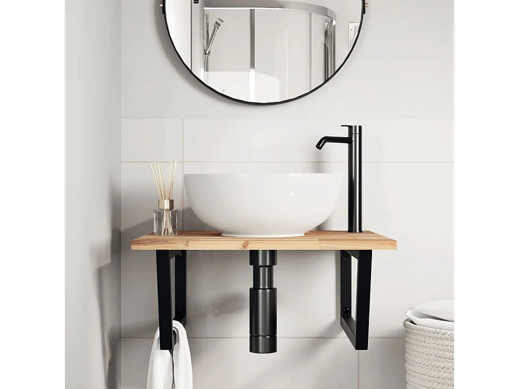 Meuble sous vasque murale acier et bois massif d'acacia FR880675