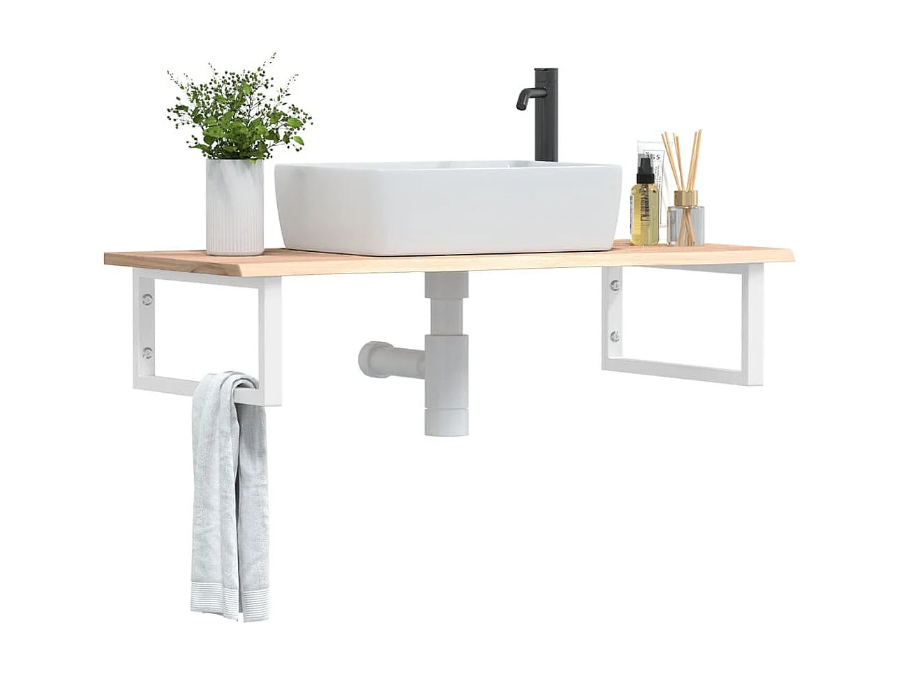 Estante de lavabo de pared de acero y madera maciza de roble ES508686