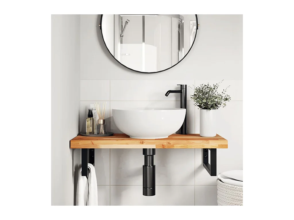 Meuble sous vasque murale acier et bois massif d'acacia FR969116