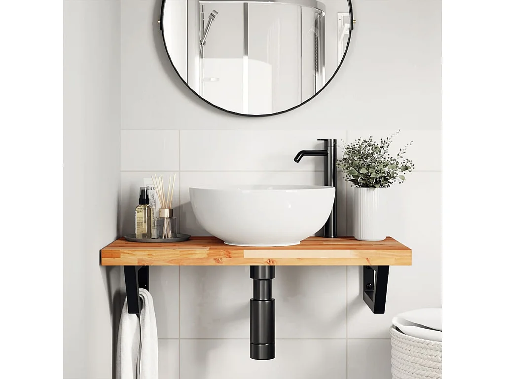 Meuble sous vasque murale acier et bois massif d'acacia FR216024