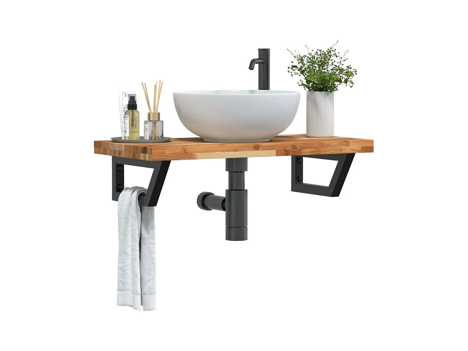 Meuble sous vasque murale acier et bois massif d'acacia FR216024