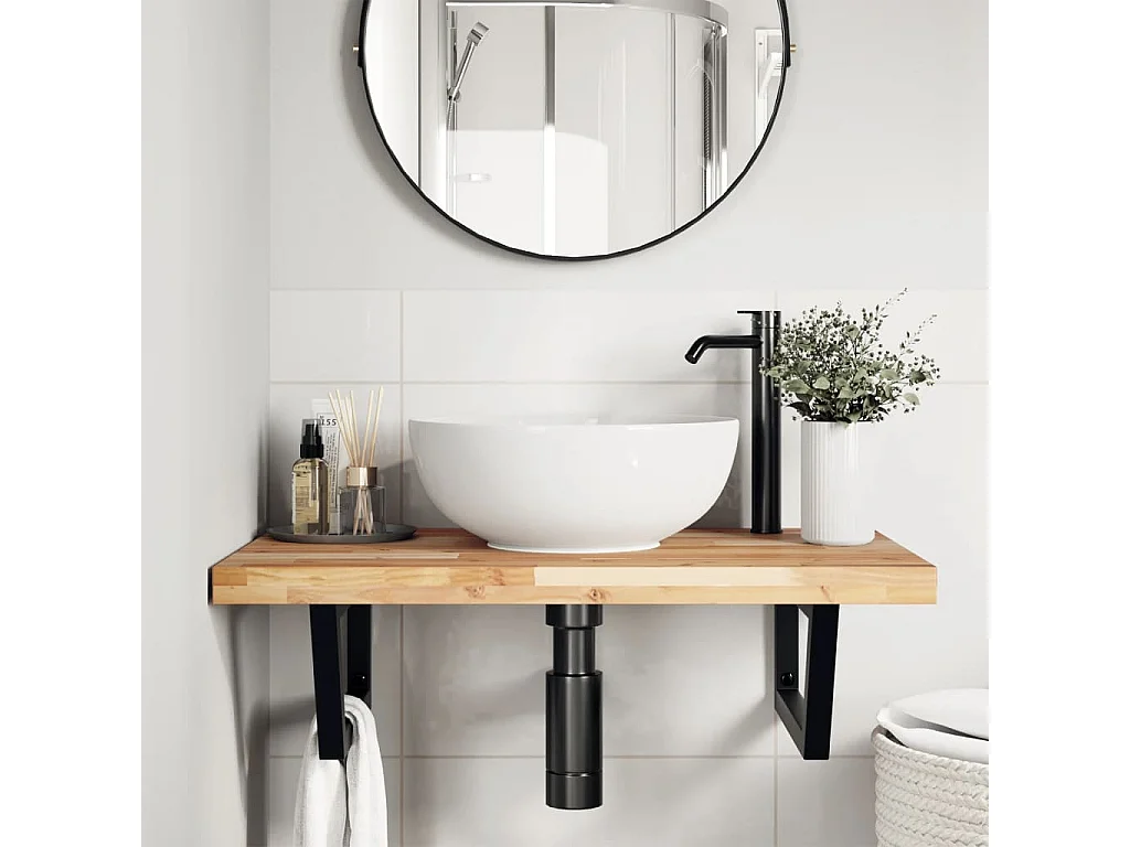 Meuble sous vasque murale acier et bois massif d'acacia FR634292