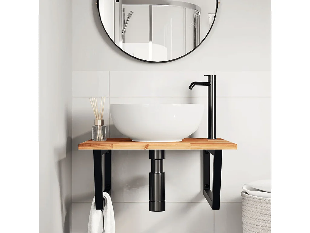 Meuble sous vasque murale acier et bois massif d'acacia FR749305