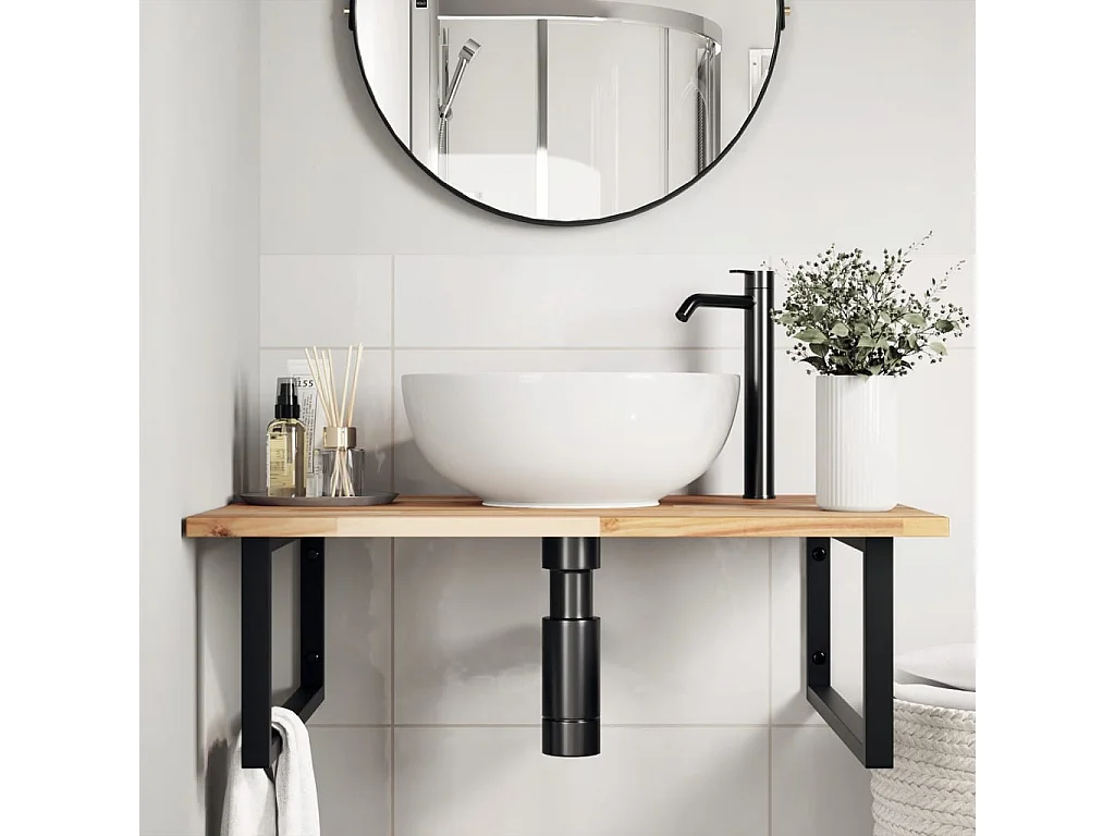 Meuble sous vasque murale acier et bois massif d'acacia FR182607