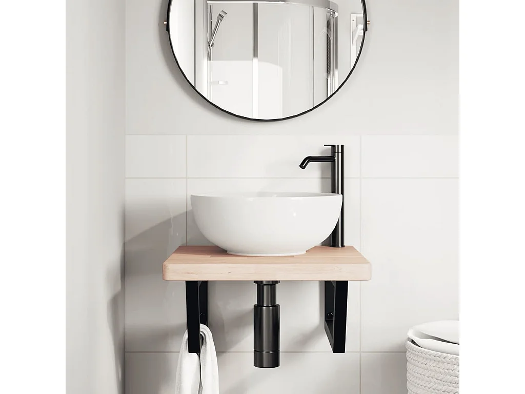 Meuble sous vasque murale acier et bois de chêne massif FR740092