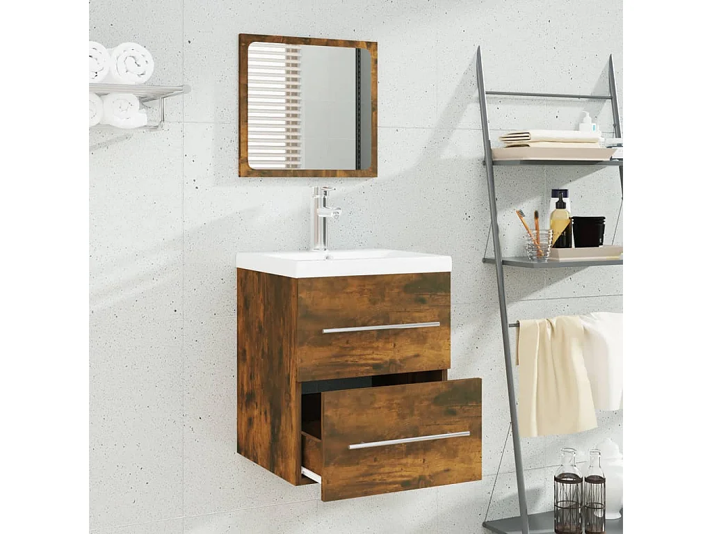 Meuble lavabo + Vasque intégré Chêne fumé Bois d'ingénierie FR573105