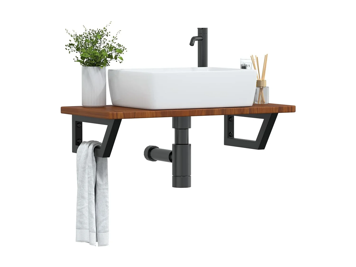 Estante de lavabo de pared de acero y madera maciza de roble ES617231