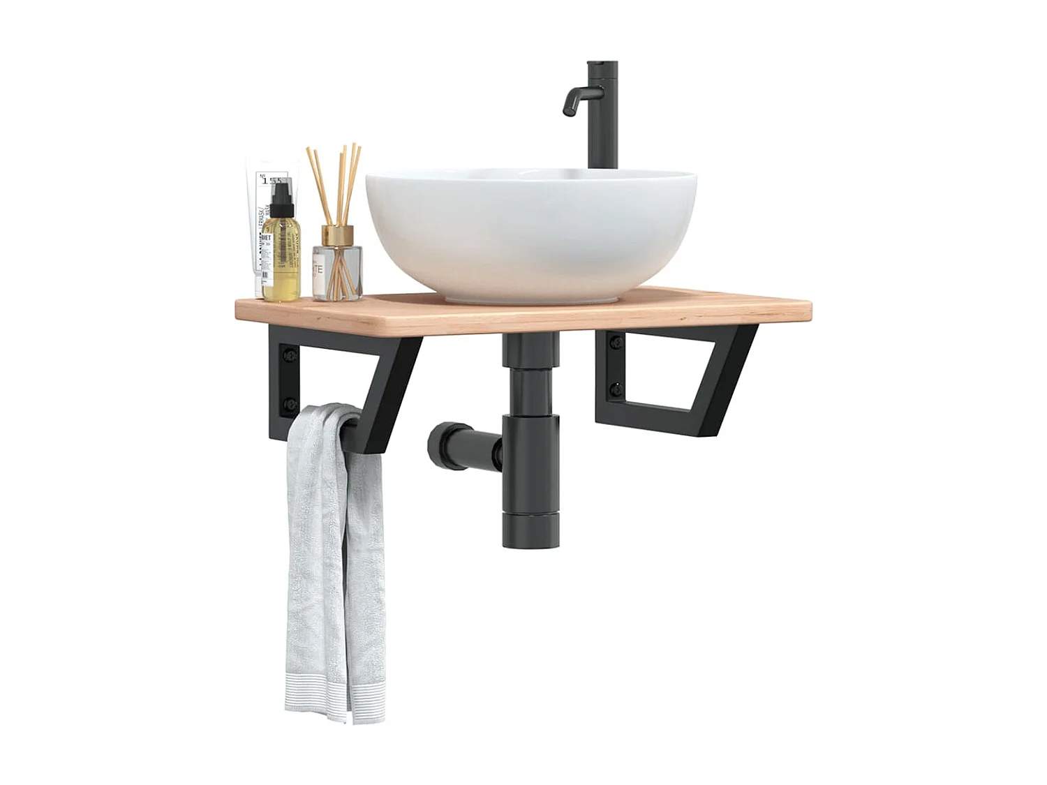 Estante de lavabo de pared de acero y madera maciza de roble ES663514