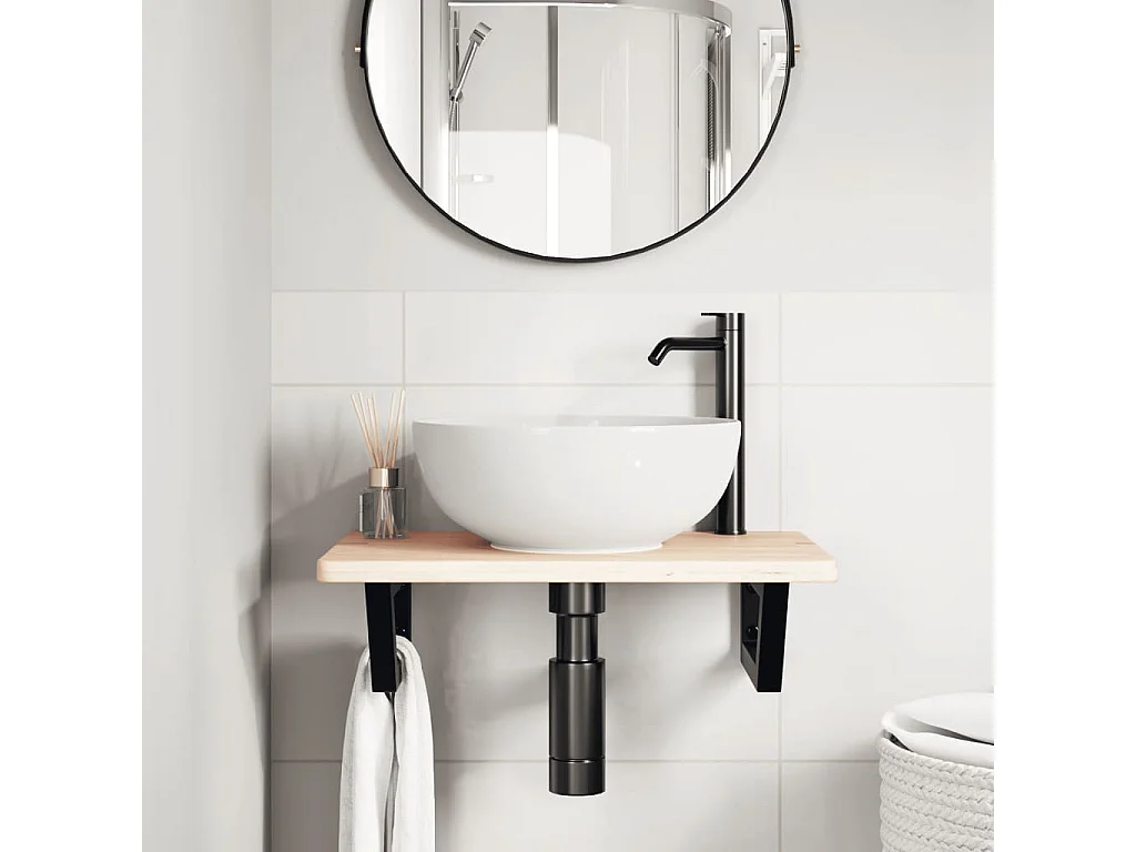 Estante de lavabo de pared de acero y madera maciza de roble ES663514