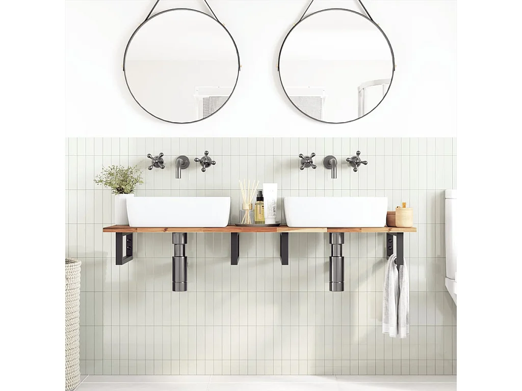 Meuble sous vasque murale acier et bois massif d'acacia FR768221