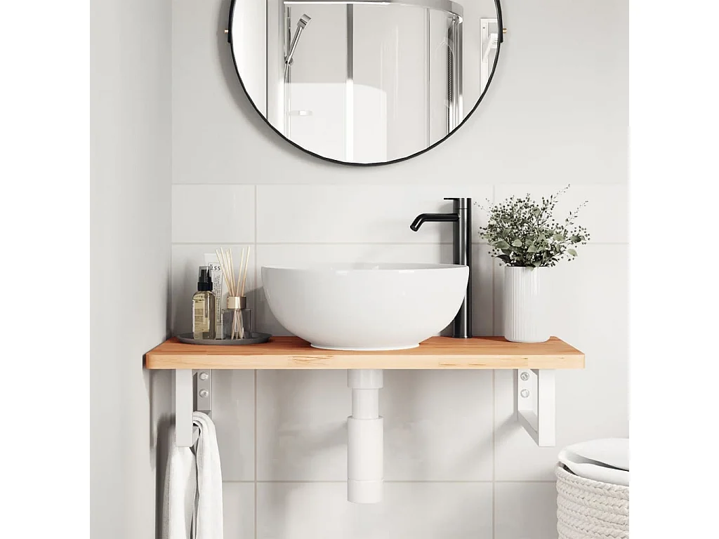 Estante de lavabo de pared de acero y madera maciza de haya ES572679