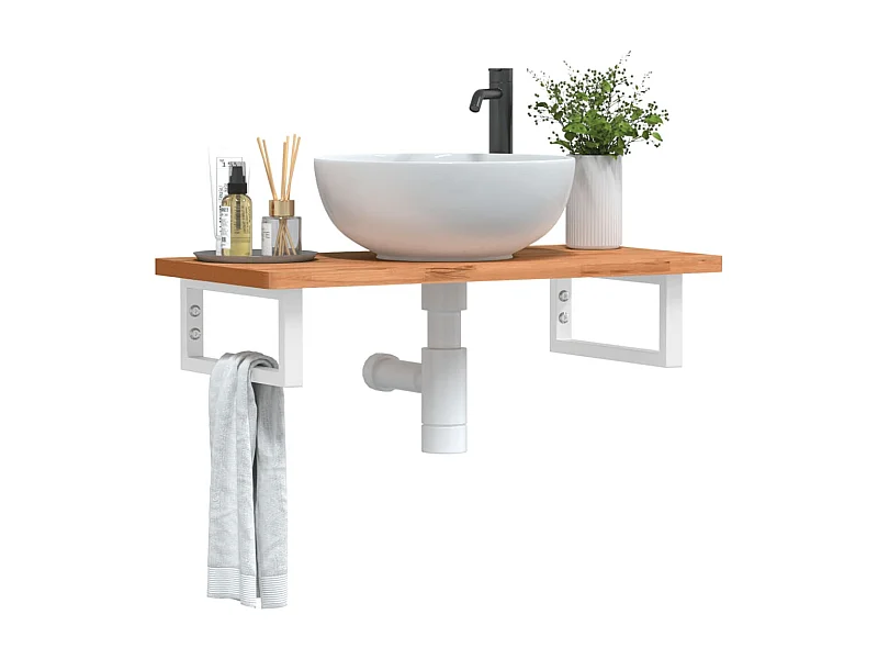Estante de lavabo de pared de acero y madera maciza de haya ES572679