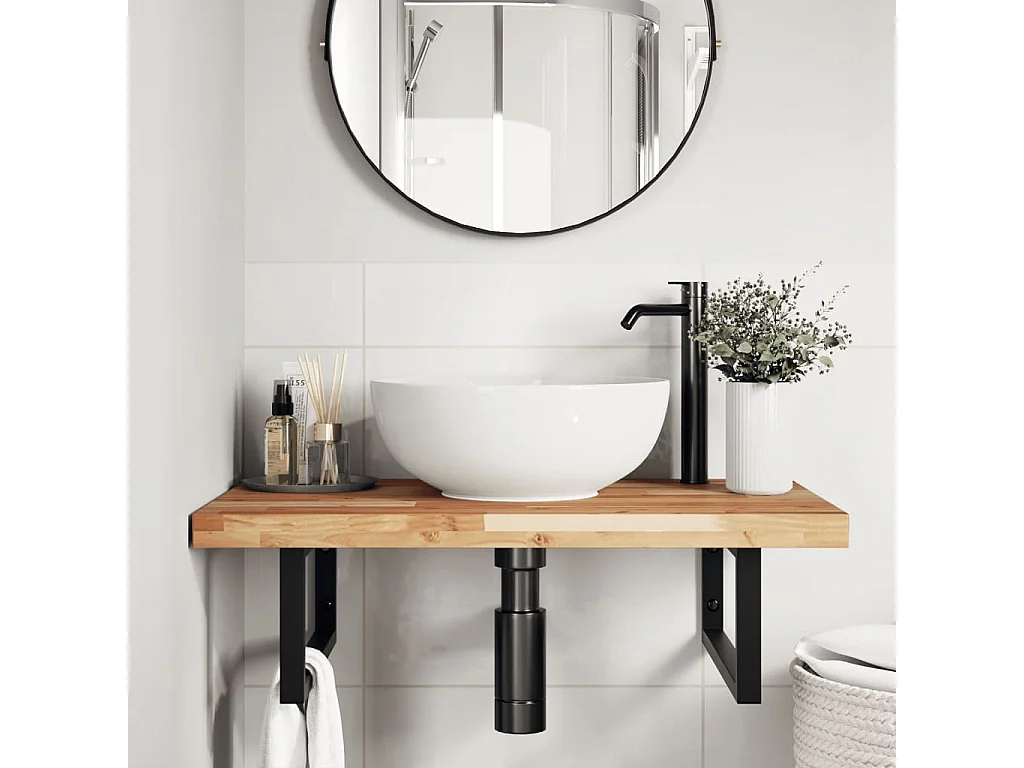 Meuble sous vasque murale acier et bois massif d'acacia FR282995