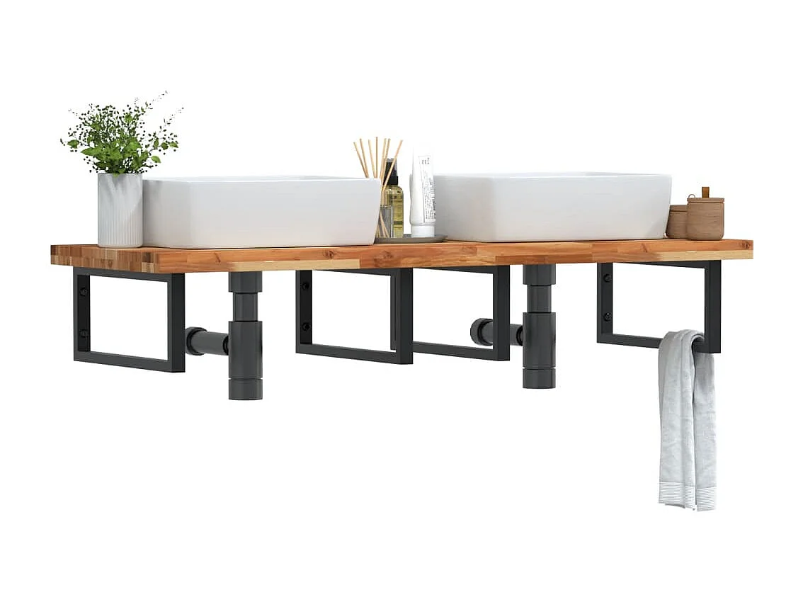 Meuble sous vasque murale acier et bois massif d'acacia FR609162