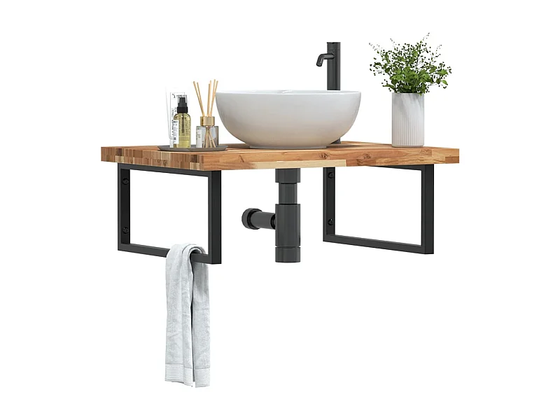 Meuble sous vasque murale acier et bois massif d'acacia FR837355