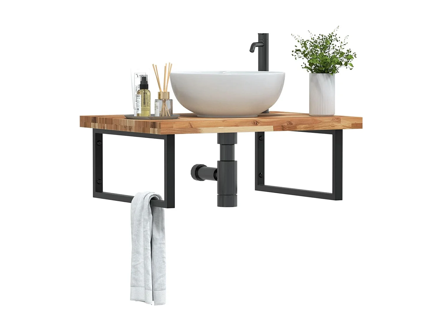 Meuble sous vasque murale acier et bois massif d'acacia FR837355