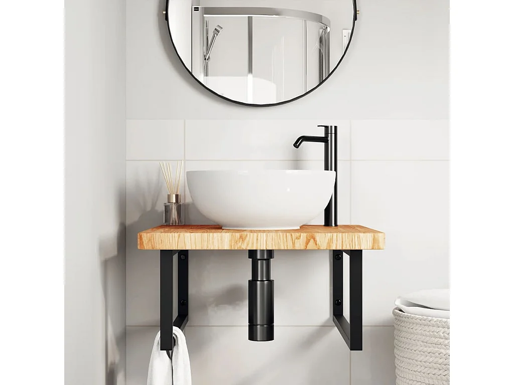 Meuble sous vasque murale acier et bois de chêne massif FR999945