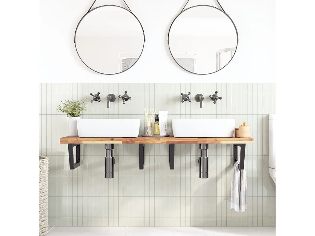 Meuble sous vasque murale acier et bois massif d'acacia FR745586