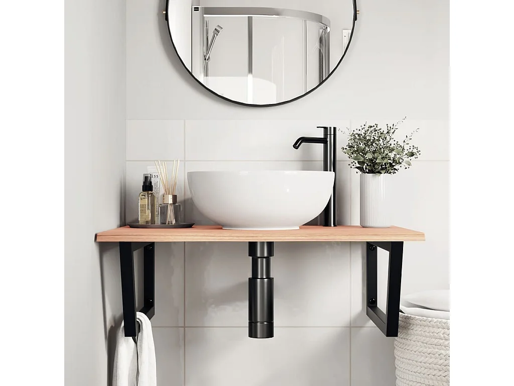 Meuble sous vasque murale acier et bois de chêne massif FR449677