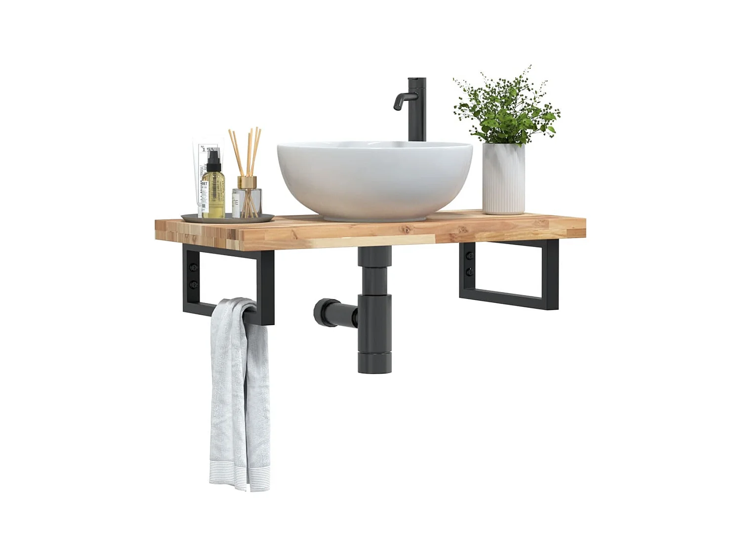 Badkamer wandschap staal en massief acaciahout BE769322