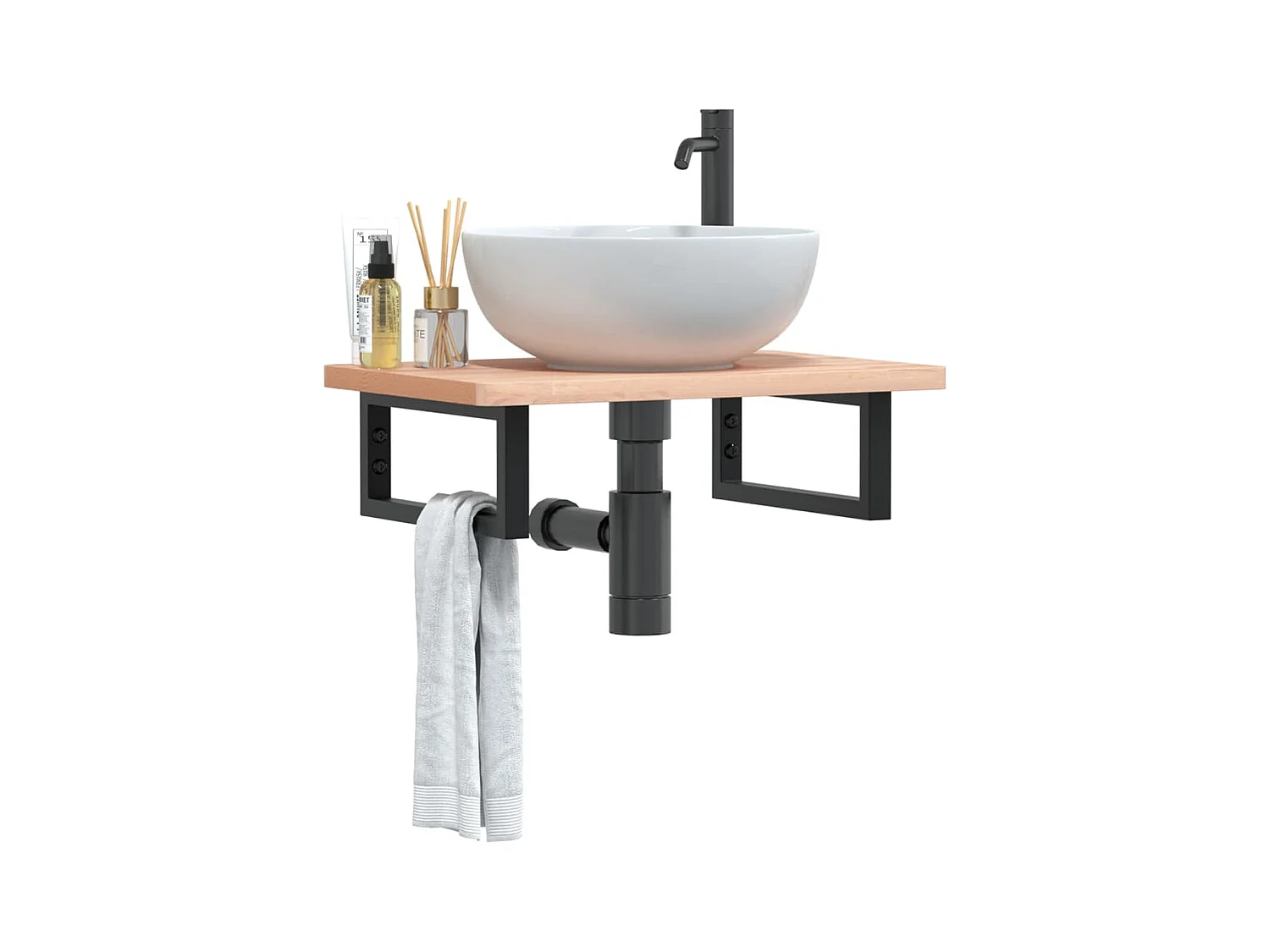 Estante de lavabo de pared de acero y madera maciza de haya ES346474