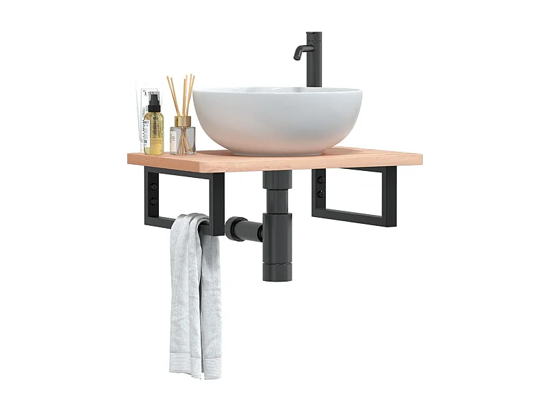 Estante de lavabo de pared de acero y madera maciza de haya ES346474